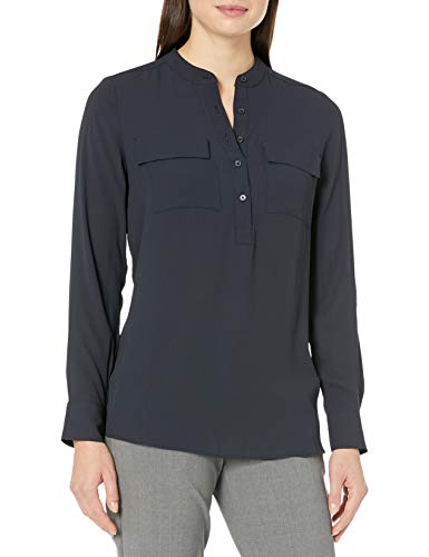 Lark & Ro Long Sleeve Sheer Utility Woven Tunic Top with Band Collar Shirts, Azul marino oscuro, US 12 (EU L)