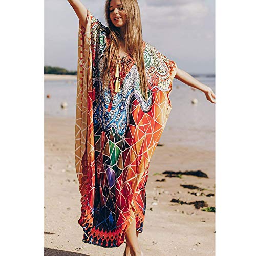 Lazz1on Caftan Vestido Largo de Playa Mujer Verano Traje de Baño Bohemio Floral Maxi Túnica Pareo Bikini Cover Up