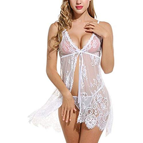 Lenceria Erotica de Mujer,SHOBDW Babydolls Lenceria Sexy Ropa Interior Vestido Camisola De Encaje Arco Tangas G String Conjunto De Ropa De Dormir De Talla Grande para Mujer(Blanco,L)