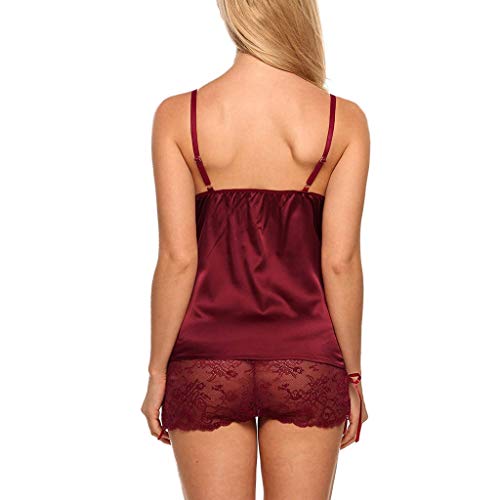 Lenfesh Lencería De Dormir elástico Suave Camisones Encaje Transparente Camisón Conjunto Talla Grande Pijamas Ropa Interior Sexy para Mujer (L, Vino-1)