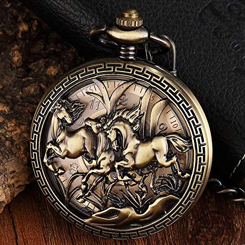 LEYUANA Reloj de Bolsillo Retro de diseño de Caballo Hueco para Hombre, Cadena Fob única Esfera Romana Steampunk Esqueleto de Bronce mecánico Mano Viento Hombre Reloj watch1