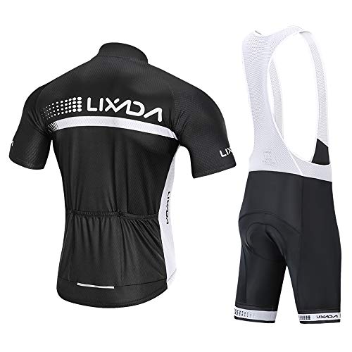 Lixada Traje de Ciclismo Hombre, Conjunto de Camiseta de Manga Corta MTB Transpirable para Verano y Otoño, Jersey + Pantalones Cortos y Babero Acolchado para Ciclismo Deportes al Aire Libre (Negro, L)