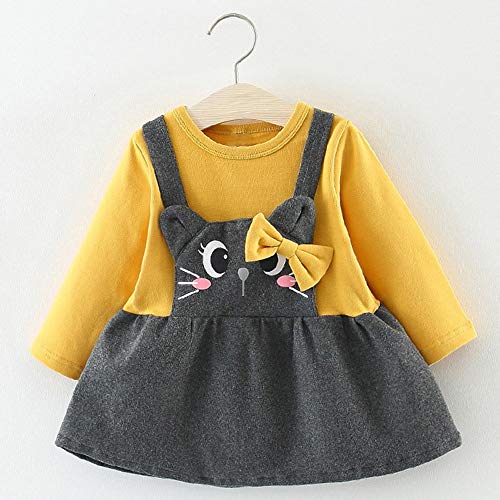 Logobeing Ropa Bebe Niña Manga Larga Arco de Dibujos Animados Gato Impresión Fiesta Princesa Vestido Tops Vestido de Fiesta Princesa (3-6 Mes, Amarillo)