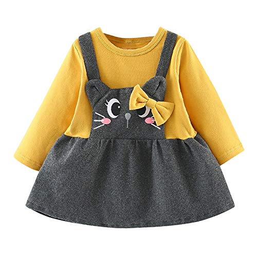 Logobeing Ropa Bebe Niña Manga Larga Arco de Dibujos Animados Gato Impresión Fiesta Princesa Vestido Tops Vestido de Fiesta Princesa (3-6 Mes, Amarillo)