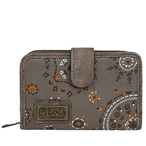 Lois - Cartera Estampada con Bordados para Mujer con Motivos Mandala. Lona y Cuero PU para Uso Diario con Cierre Cremallera y Botón Protección RFID 304414, Color Marron