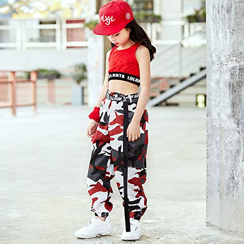 LOLANTA 2 Piezas Niñas Hip Hop Street Dance Solo Ropa Set Crop Tank Top+Camuflaje Jogger Pantalones, Rojo, 140