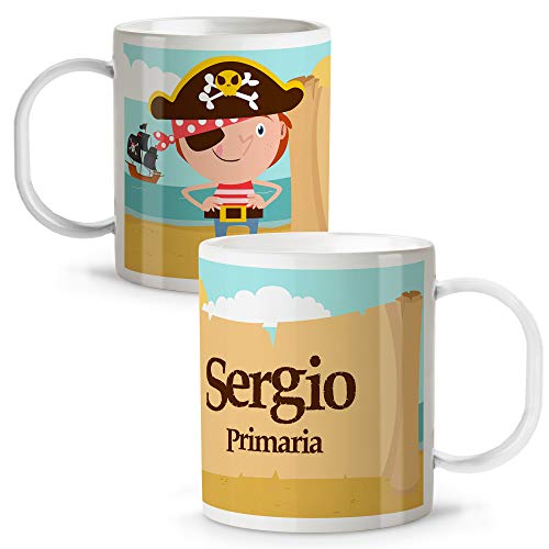 LolaPix Taza de plástico Infantil niños y niñas Vuelta al Cole Personalizada con Nombre. Varios Diseños a Elegir. Piratas