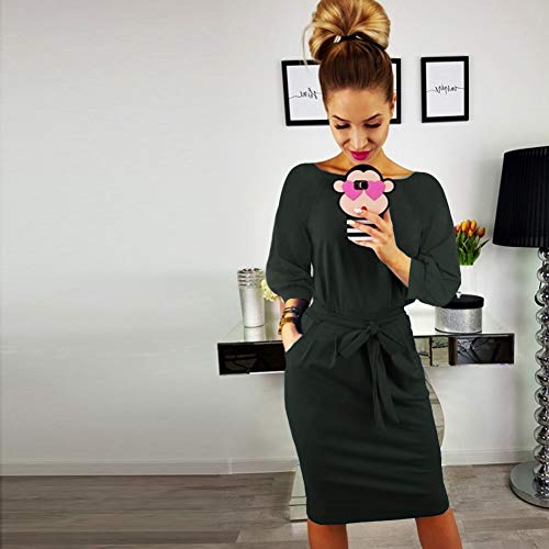 Longwu Mujer Elegante Manga De Soplo Usar para Trabajar Casual Vestido con cinturón Gris Oscuro-XL