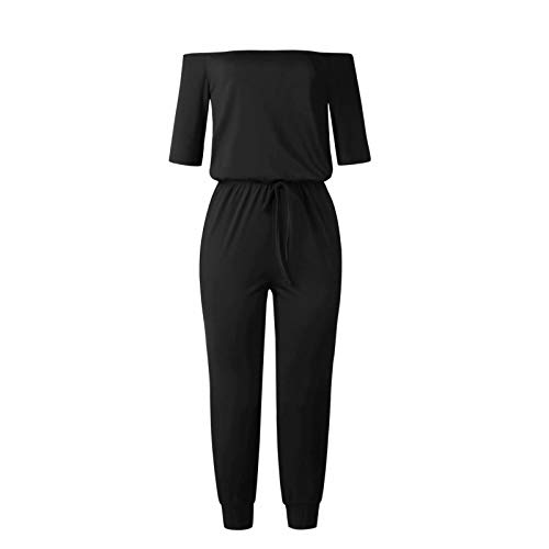 Longwu Mujeres Fuera del Hombro Mono Mameluco de Manga Corta Bodycon en General Trajes con Bolsillos Negro-L