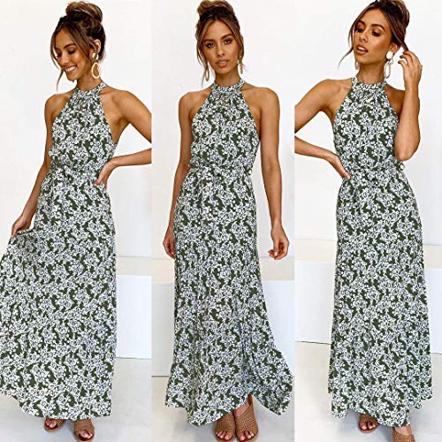 Longwu Vestido Largo Estampado Floral sin Mangas con Cuello Halter sin Mangas para Mujer Vestido Largo Plisado con cinturón Verde-S