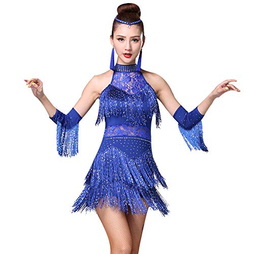 LONMEI Ropa de Baile para Mujer - Vestido de Baile Latino Sin Mangas con Flecos de Diamantes de Imitación Salón de Baile Salsa Rumba Vestidos de Fiesta para Mujeres, Azul Real/L