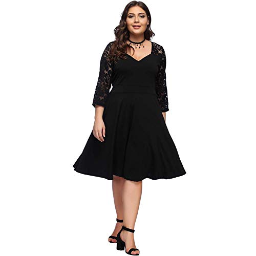 Lover-Beauty Vestido Mujer Corto Elegante Sexy Cuello V Raya Talla Grande Top Puro con Manga Dama de Honor para Boda Noche Fiesta y Negro Navidad S-4XL