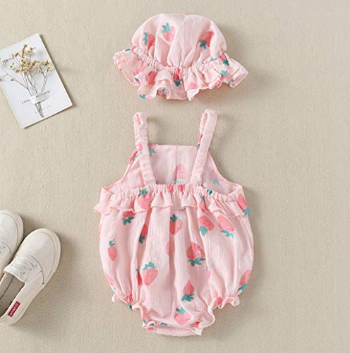 Luckycat Body Infantil para bebés recién Nacidos con Volantes Mamelucos sin Mangas Mono Trajes Ropa Bebe Peleles Patrón de Fresa Monos + Sombrero para Recien Nacido Niña Niño 0-18 Meses Ropa Verano