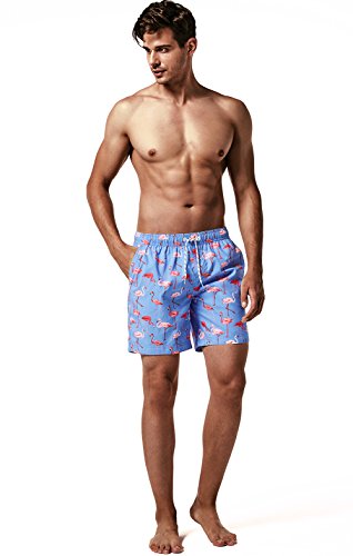 MaaMgic Hombre Bañador de Playa Ropa de Baño Short de Natación Tropical Vacaciones y Viajes en Verano con Bolsillos Azul Flamenco L