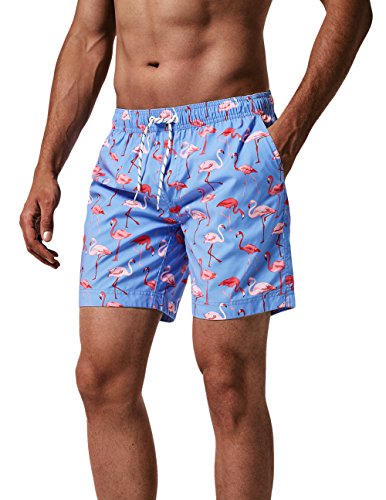 MaaMgic Hombre Bañador de Playa Ropa de Baño Short de Natación Tropical Vacaciones y Viajes en Verano con Bolsillos Azul Flamenco L