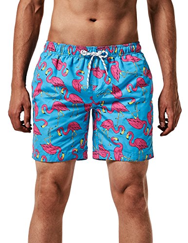 MaaMgic Hombre Bañador de Playa Ropa de Baño Short de Natación Tropical Vacaciones y Viajes en Verano con Bolsillos Azul Flamenco Rosa M