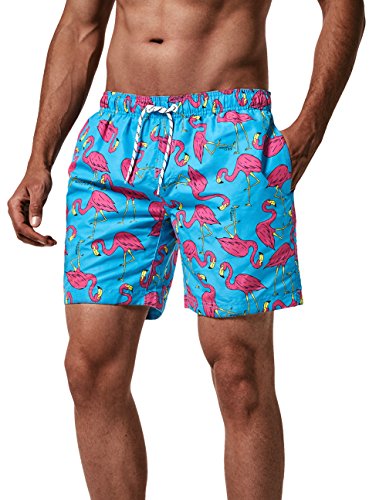 MaaMgic Hombre Bañador de Playa Ropa de Baño Short de Natación Tropical Vacaciones y Viajes en Verano con Bolsillos Azul Flamenco Rosa M