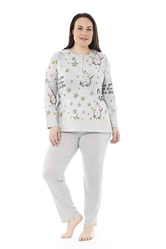 Mabel Intima Pijama Talla Grande Mujer Pijama Manga Larga y pantalón Largo. Gris y Estampado My Star Talla 66. 95% poliéster-5% Spandex. Tejido Medio, cálido y Suave