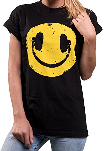 MAKAYA Oversize Hip Hop Top Manga Corta - Sonrisa Auriculares - Camiseta Hipster Smile Mujer Negro M