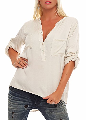 Malito Blusa con V-Neck Safari 3/4 Túnica Parte Superior Top Oversized 9015 Mujer Talla Única (Beige)