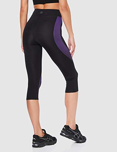 Marca Amazon - AURIQUE Mallas de Deporte Capri Estampadas Mujer, Negro (Black/Dahlia Purple), 42, Label:L