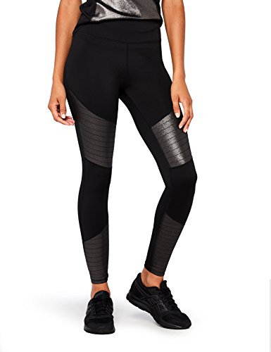 Marca Amazon - AURIQUE Mallas de Entrenamiento Tiro Alto con Paneles en Contraste Mujer, Negro (Black Foil), 40, Label:M