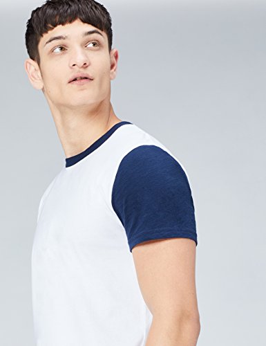 Marca Amazon - find. Camiseta con Cuello Redondo y Mangas en Contraste para Hombre, Blanco (Bright White/navy Blazer), L, Label: L