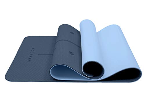 MAXYOGA® MaxDirect Esterilla Yoga con Sistema de Alineación y Marcados. Colchoneta Yoga Mat Antideslizante y Ligera de Material Ecológico TPE. Tamaño Ideal 183cm x 61cm x 6mm. - Azul