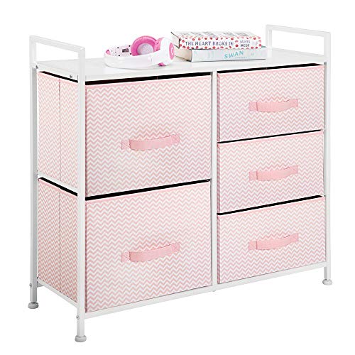 mDesign Cómoda de tela – Estrecho organizador de armarios con 5 cajones – Práctico mueble cajonera para el dormitorio, la habitación infantil o zonas pequeñas – Armario con cajones – rosa/blanco