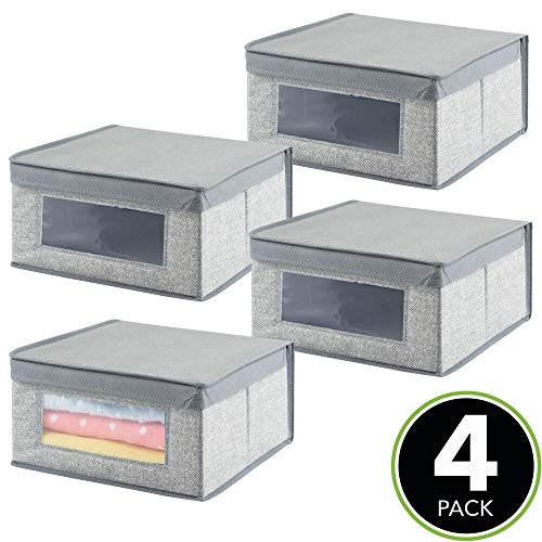 mDesign Juego de 4 Cajas organizadoras Medianas de Tela – Organizadores para armarios para el Cuarto de los niños – Caja para organizar Ropa, Mantas o Baberos con Tapa y Ventana – Gris