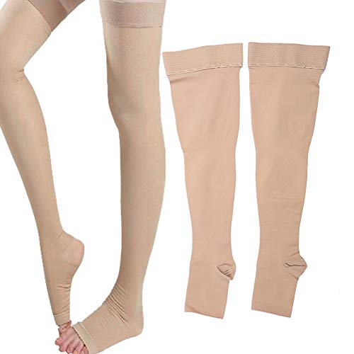 Medias de compresión elásticas opacas, pantimedias de compresión para mujeres y hombres, medias altas hasta el muslo, punta abierta, longitud de la rodilla, venas varicosas(XL)