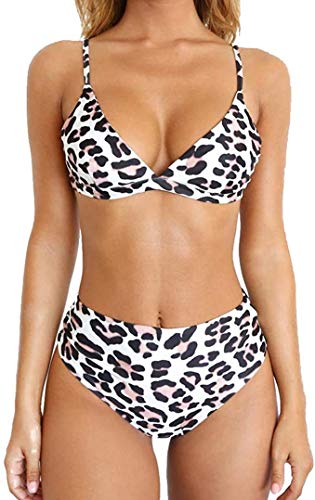 Meizas Traje de baño Bikini Estampado, Traje de baño Retro de Cintura Alta, Conjuntos de Bikini de 2 Piezas Correa de Hombro Ajustable Push Up Bikinis Trajes de baño para Nadar Fiesta (Leopardo, L)