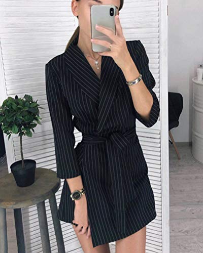 Minetom Mujer Blazer Chaqueta del Traje Elegante Manga Larga Mini Vestido Cuello en V Oficina Negocios Abrigo Fiesta Dress con Cinturón A Negro Rayas 34