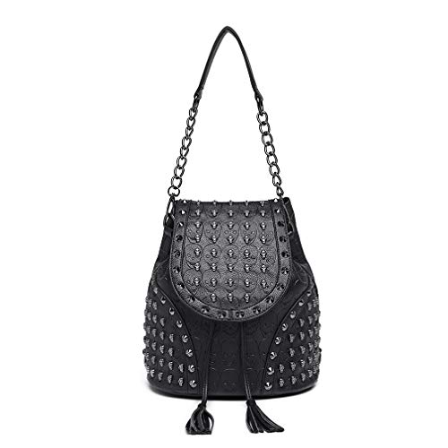 Miss Lulu Mochila de Moda Bolsos para Mujer Correa para el Hombro con Cadena Cráneos en Relieve con Tachuelas de Cuero de Imitación (Negro)