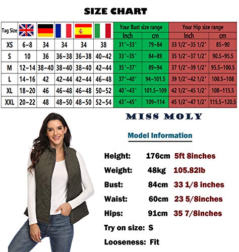 MISS MOLY Chaleco Mujer Acolchado con Bolsillos Ligero Cazadoras Chalecos con Cremallera Verde X-Small