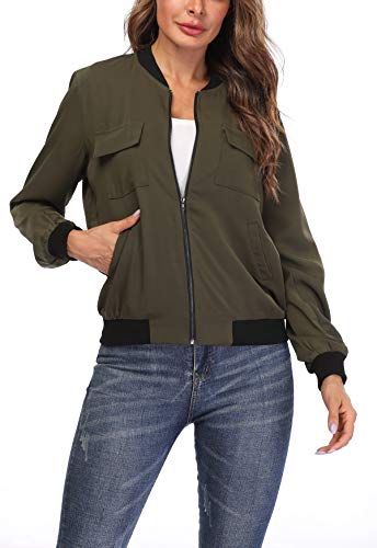 MISS MOLY Chaqueta Mujer Bomber Manga Larga con Cremallera de Moda Militar Verde X-Small