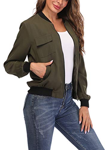 MISS MOLY Chaqueta Mujer Bomber Manga Larga con Cremallera de Moda Militar Verde X-Small