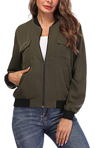 MISS MOLY Chaqueta Mujer Bomber Manga Larga con Cremallera de Moda Militar Verde X-Small