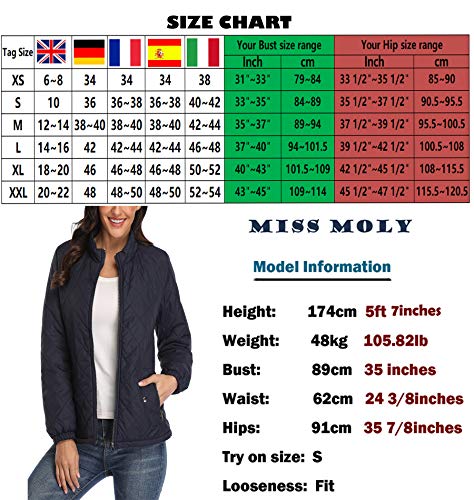 MISS MOLY Chaqueta para señora Acolchada Mujer Acolchado con Bolsillos Ligero Cazadoras Chaleco con Cremallera Azul Large