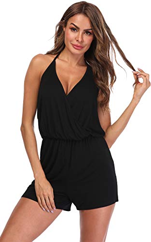 MISS MOLY Mono Mujer Traje de Verano Cuello en V Trajes de Mameluco Correa de Espagueti Sin Mangas Halterneck Jumpsuit Playsuit Negro Medium