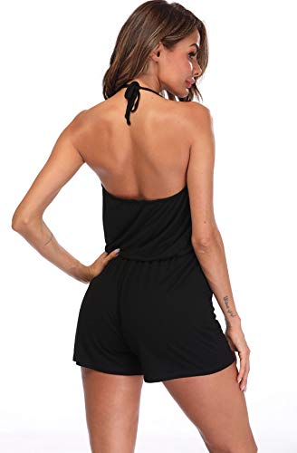 MISS MOLY Mono Mujer Traje de Verano Cuello en V Trajes de Mameluco Correa de Espagueti Sin Mangas Halterneck Jumpsuit Playsuit Negro Medium