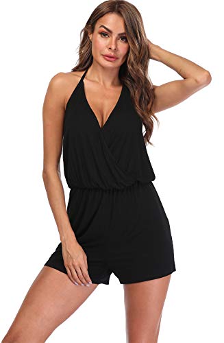 MISS MOLY Mono Mujer Traje de Verano Cuello en V Trajes de Mameluco Correa de Espagueti Sin Mangas Halterneck Jumpsuit Playsuit Negro Medium