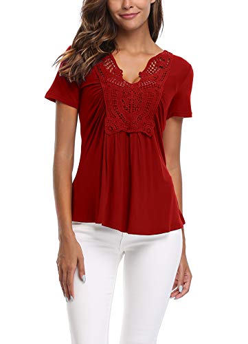 MISS MOLY Mujer Blusa de Mangas Cortas y Dobladillo con Ribete Cintura impermeabilizada con Blusa de Gasa Rojo Vino - L