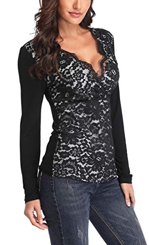 MISS MOLY Mujer Camisas Vieira v Cuello Blusa de Encaje Floral Negro Large