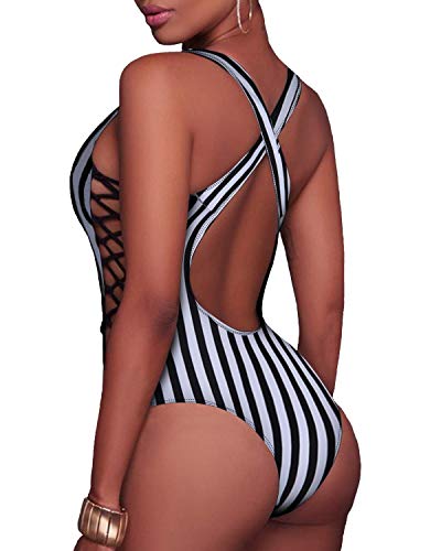 Moda para Mujer y Dama, Trajes de ba?o Sexis de una Pieza con Cordones, Monokini con Cordones, Trajes de ba?o Cruzados con Tiras, Espalda Cruzada, Traje de ba?o a Rayas X-Large