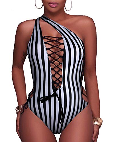 Moda para Mujer y Dama, Trajes de ba?o Sexis de una Pieza con Cordones, Monokini con Cordones, Trajes de ba?o Cruzados con Tiras, Espalda Cruzada, Traje de ba?o a Rayas X-Large