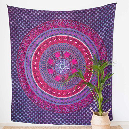 MOMOMUS Tapiz Mandala Étnico - 100% Algodón, Grande, Multiuso - Pareo/Toalla de Playa Gigante - Cubre Sofá/Cama - Telas para Decoración de Pared - 210x230 cm, Violeta