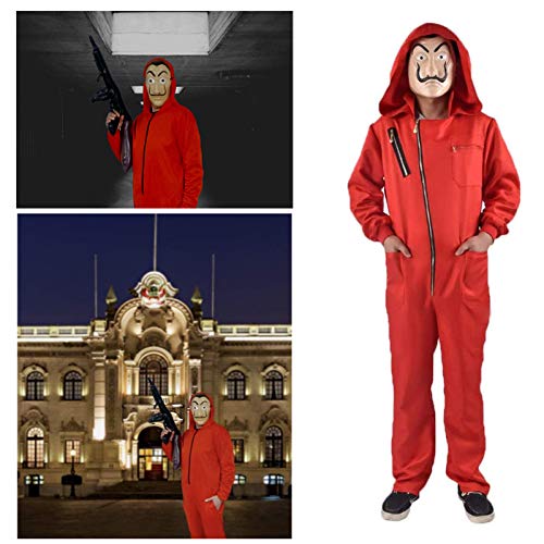 Mono de Ladrón de Banco para Carnaval,Disfraz de Ladrón Mono rojo de Manga Larga con Capucha,Conjunto de Cosplay Disfraces Máscara y ametralladora,Disfraz de Carnival Disfraz (Child-XL-145-155)