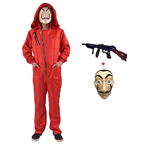 Mono de Ladrón de Banco para Carnaval,Disfraz de Ladrón Mono rojo de Manga Larga con Capucha,Conjunto de Cosplay Disfraces Máscara y ametralladora,Disfraz de Carnival Disfraz (Child-XL-145-155)