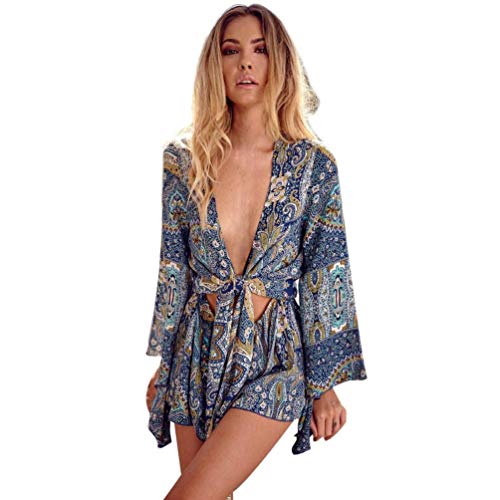 Monos Mujer Cortos Elegante Verano Chic Manga Largo Cuello Mode De Marca En V Profundo Mono Fashion Hipster Florales Jumpsuit Verano Bohemio Beach Traje Pantalón Playsuit (Color : Azul, Size : M)